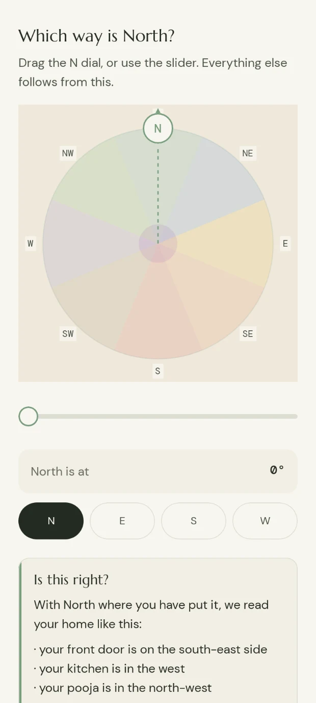 The app asking which way is north, with a dial to drag over the plan.