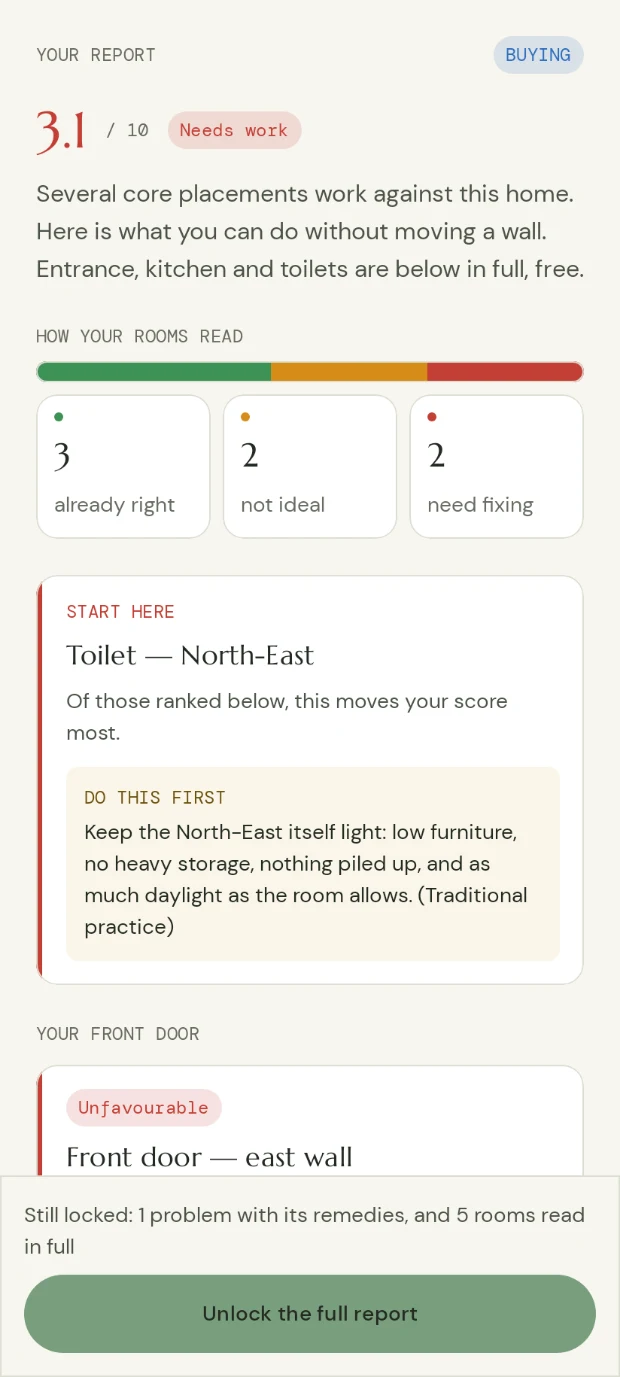 The app’s report: a score out of ten, how many rooms read well, and the first fix to make.